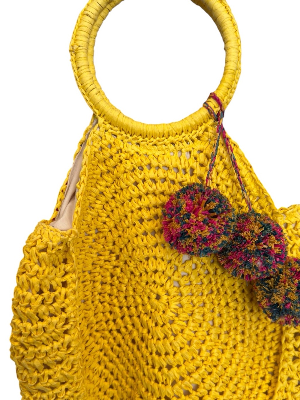Bright Yellow Crochet Ring-Handle Hobo Bag with Pom Pom Detail